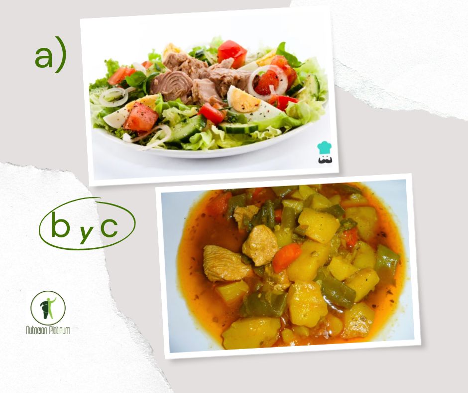 Ensalada de verduras variadas con GUISO DE PATATAS CARNE DE POLLO Y JUDIAS VERDES